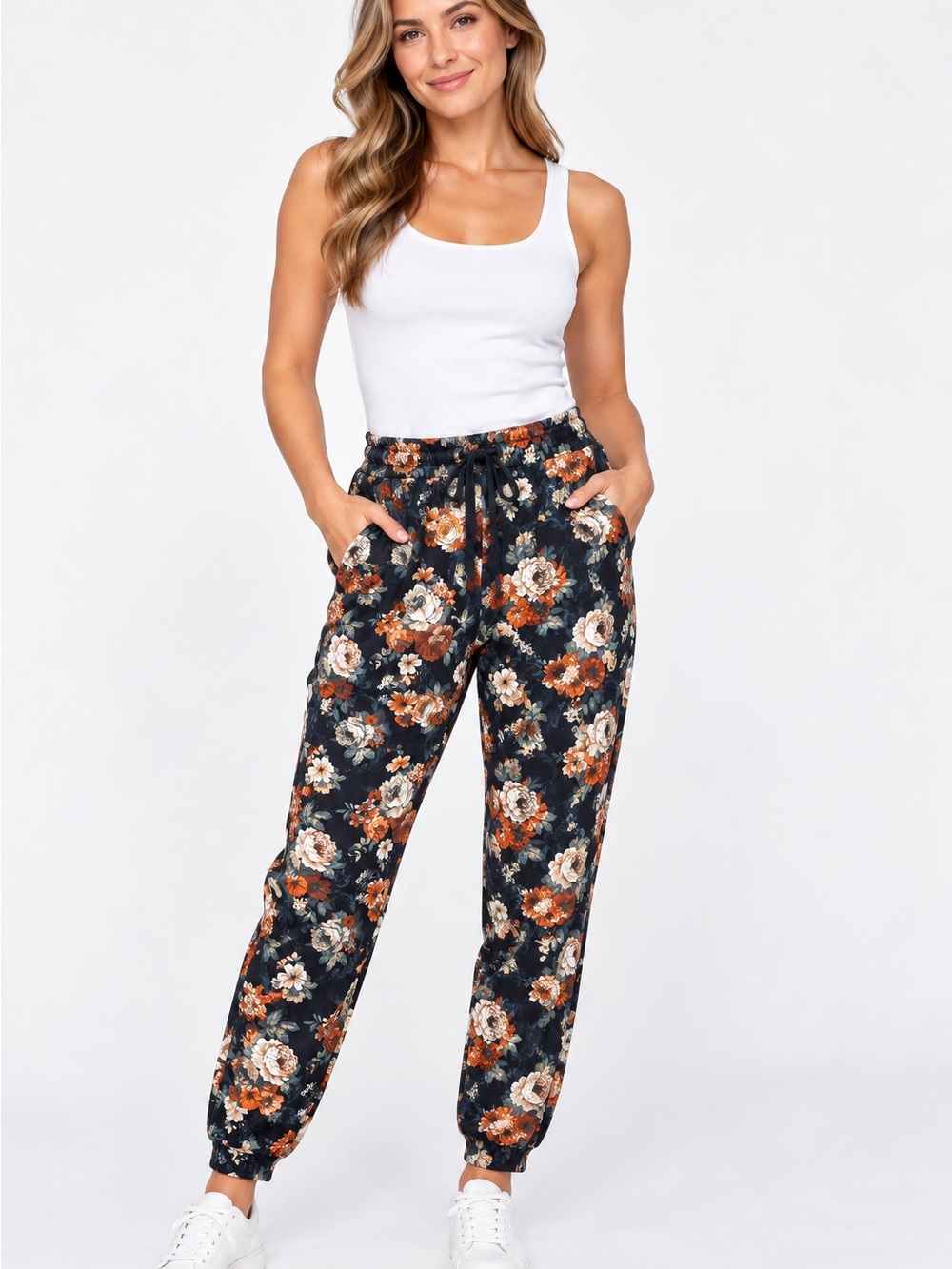 Leggings Depot Navy Floral Drawstring Jogger Pants